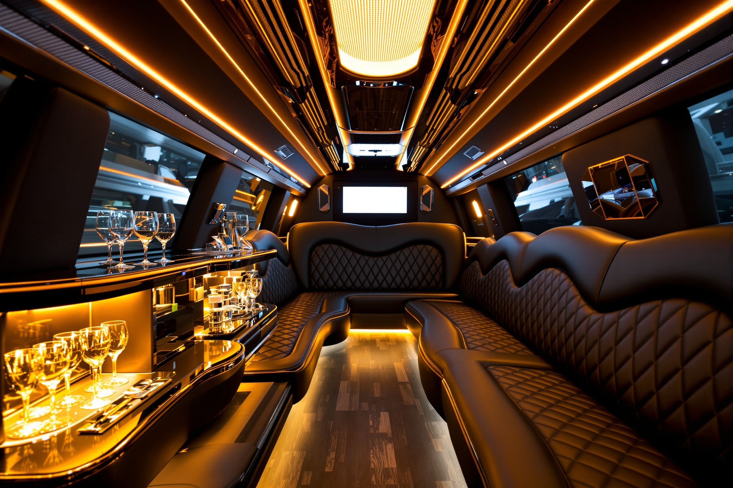 Elegant limousine interior with leather seating and ambient lighting