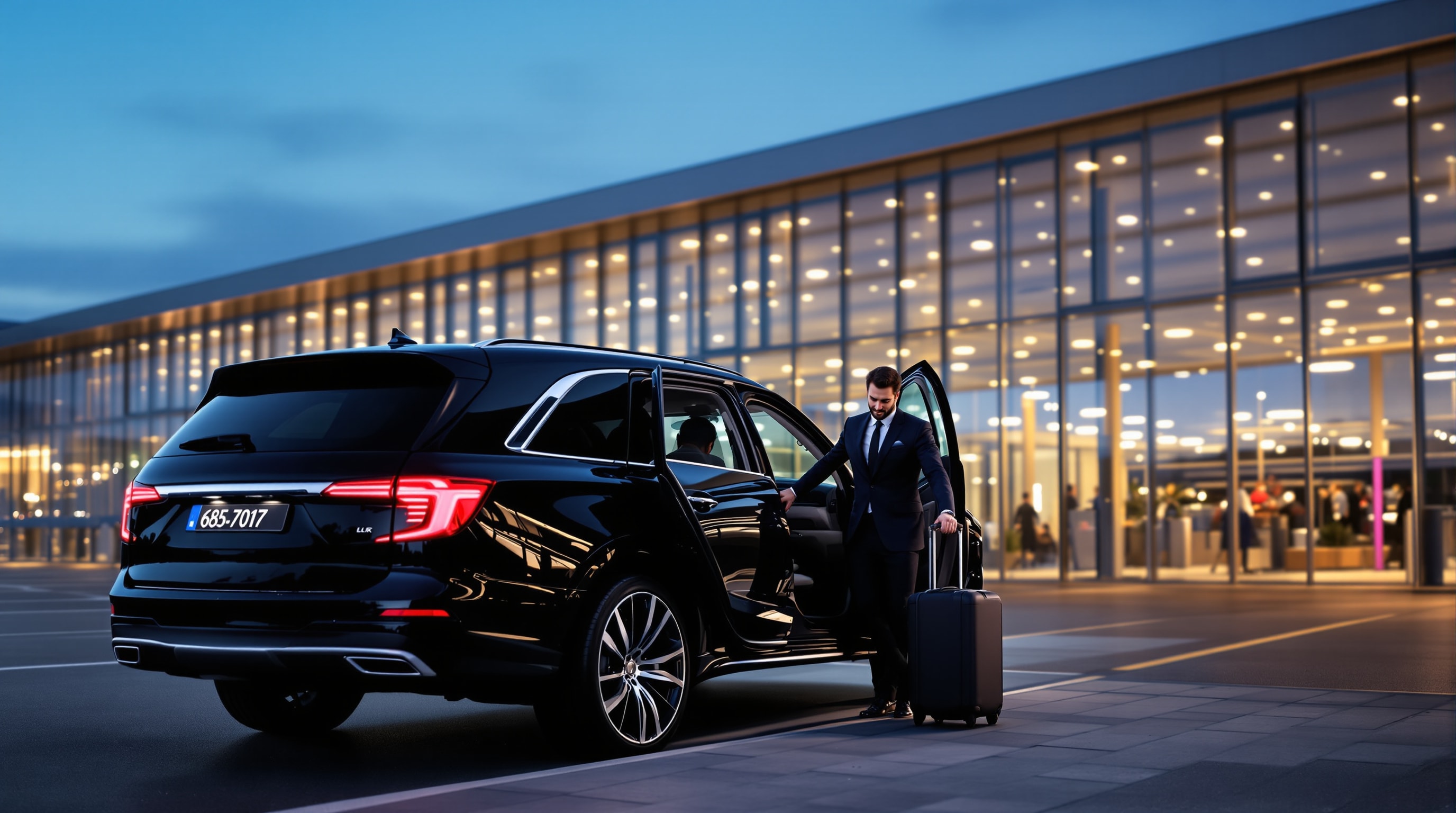 Black luxury SUV and chauffeur at an airport terminal at dusk