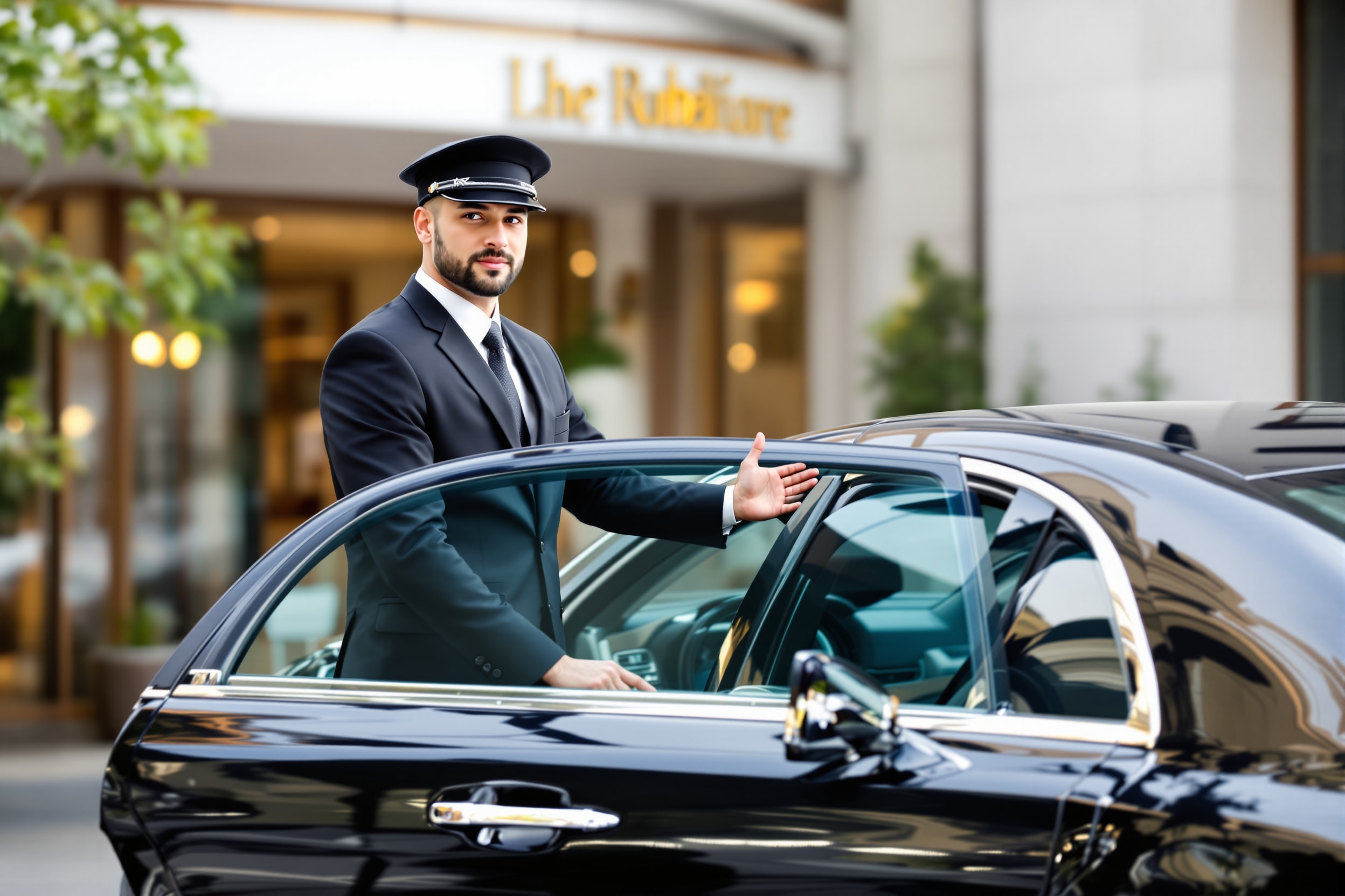 Professional chauffeur in a suit holding open a limousine door
