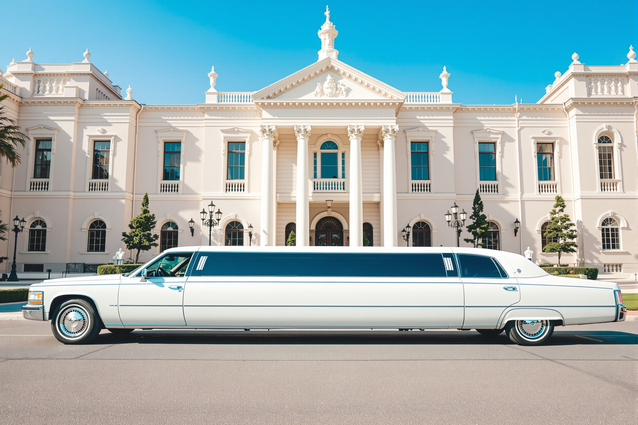 White stretch limousine parked outside an elegant venue