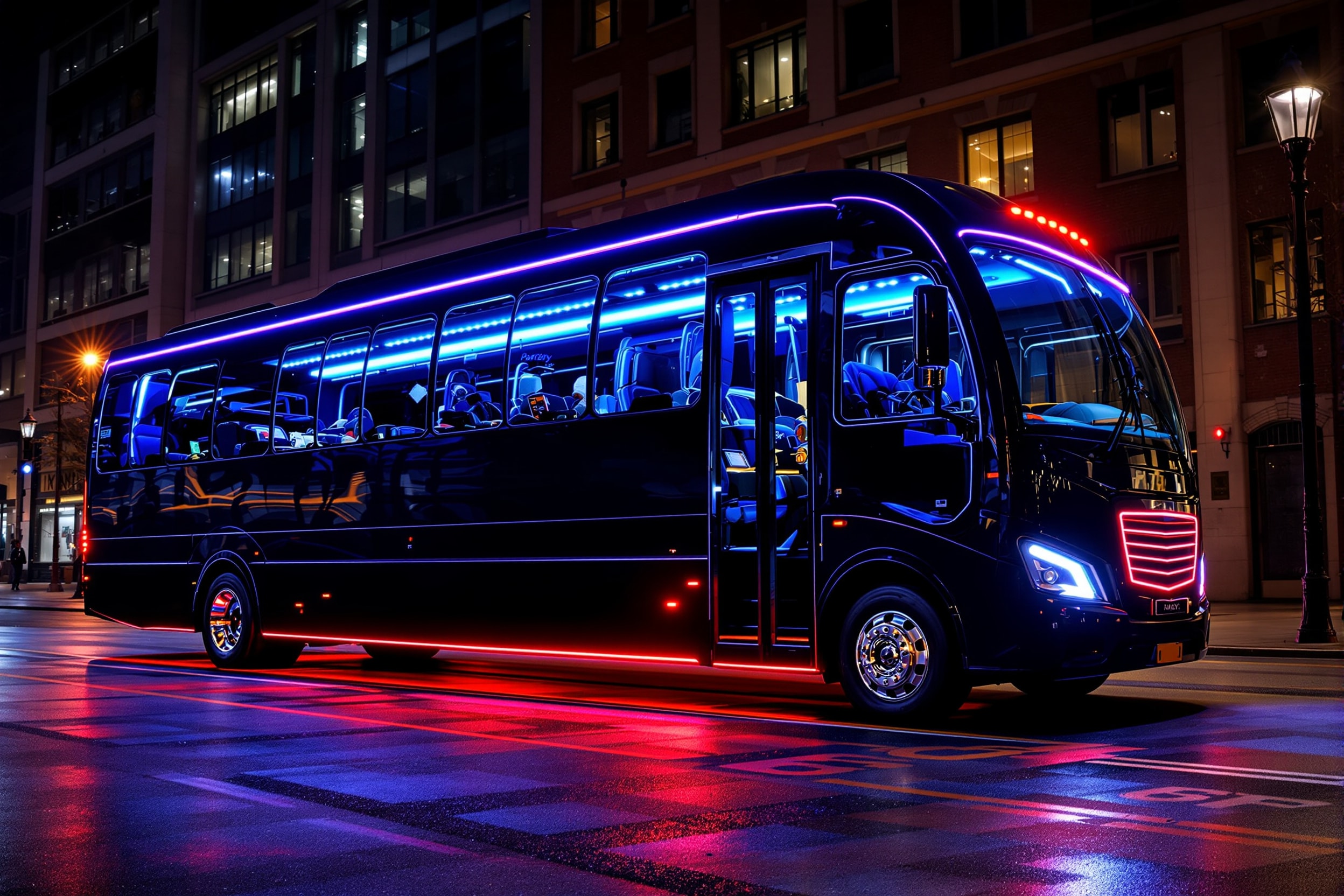 Black party bus at night with underglow lighting