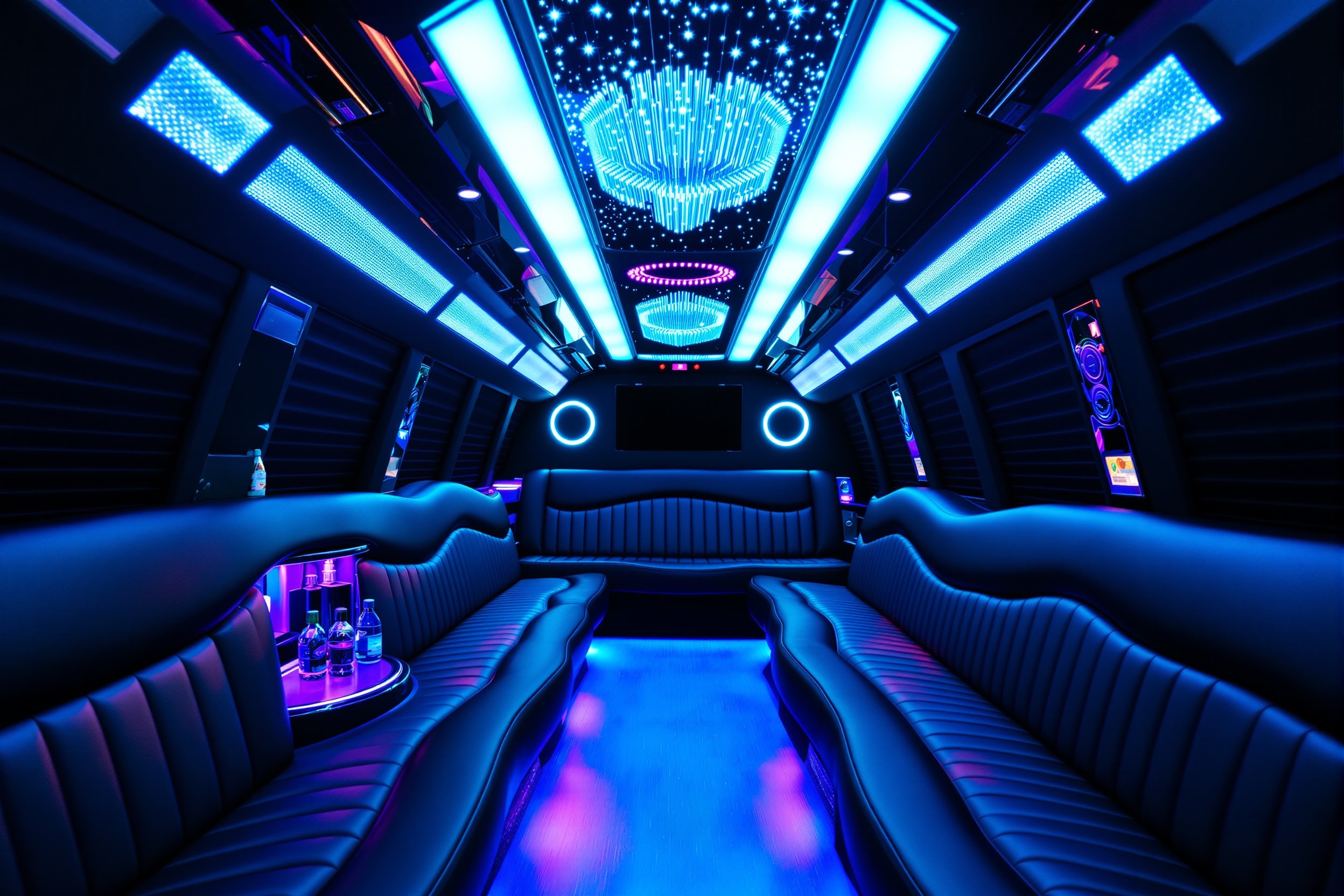 SUV limousine interior with wraparound seating and LED lighting