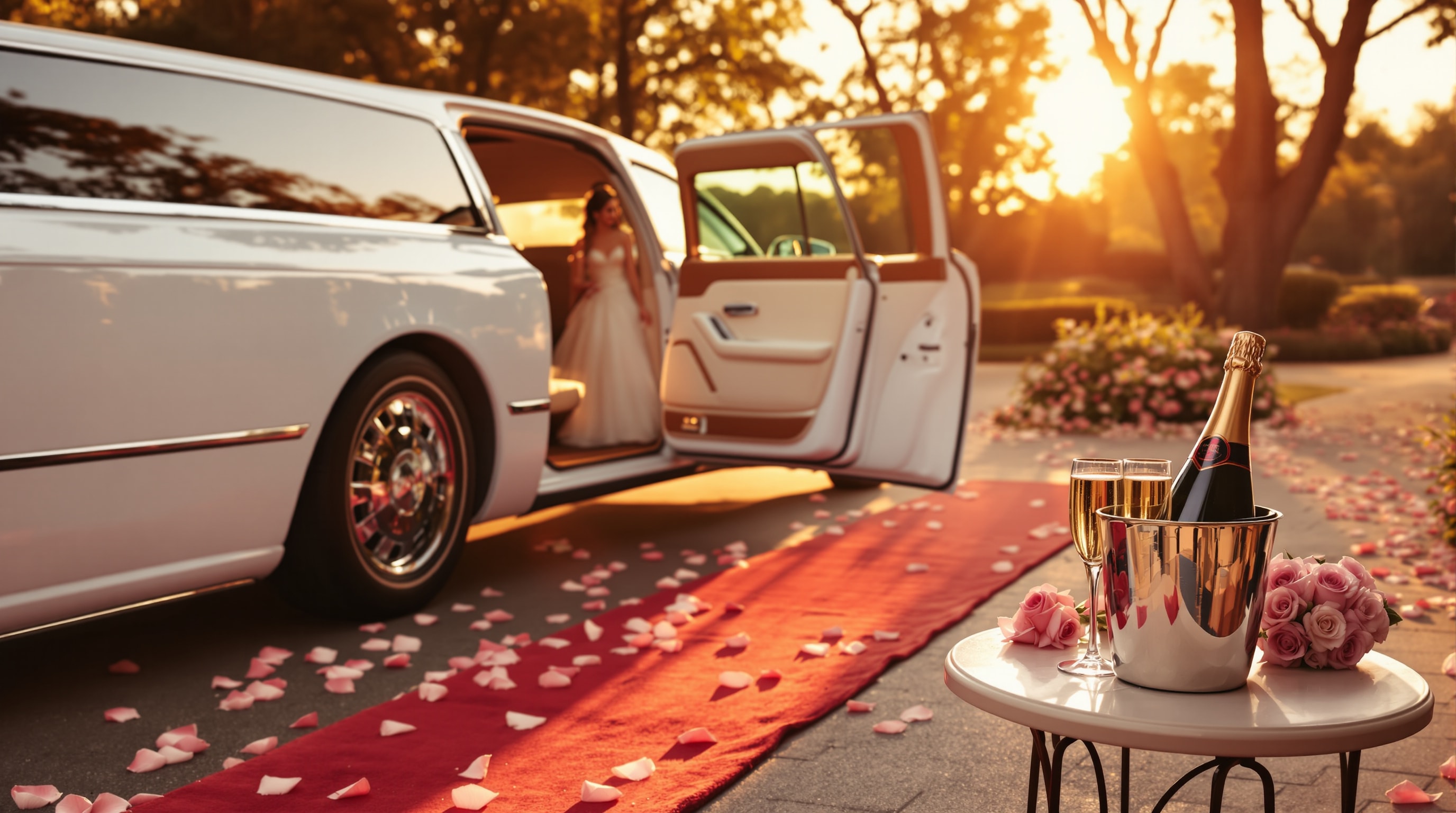 White wedding limousine with red carpet and champagne service