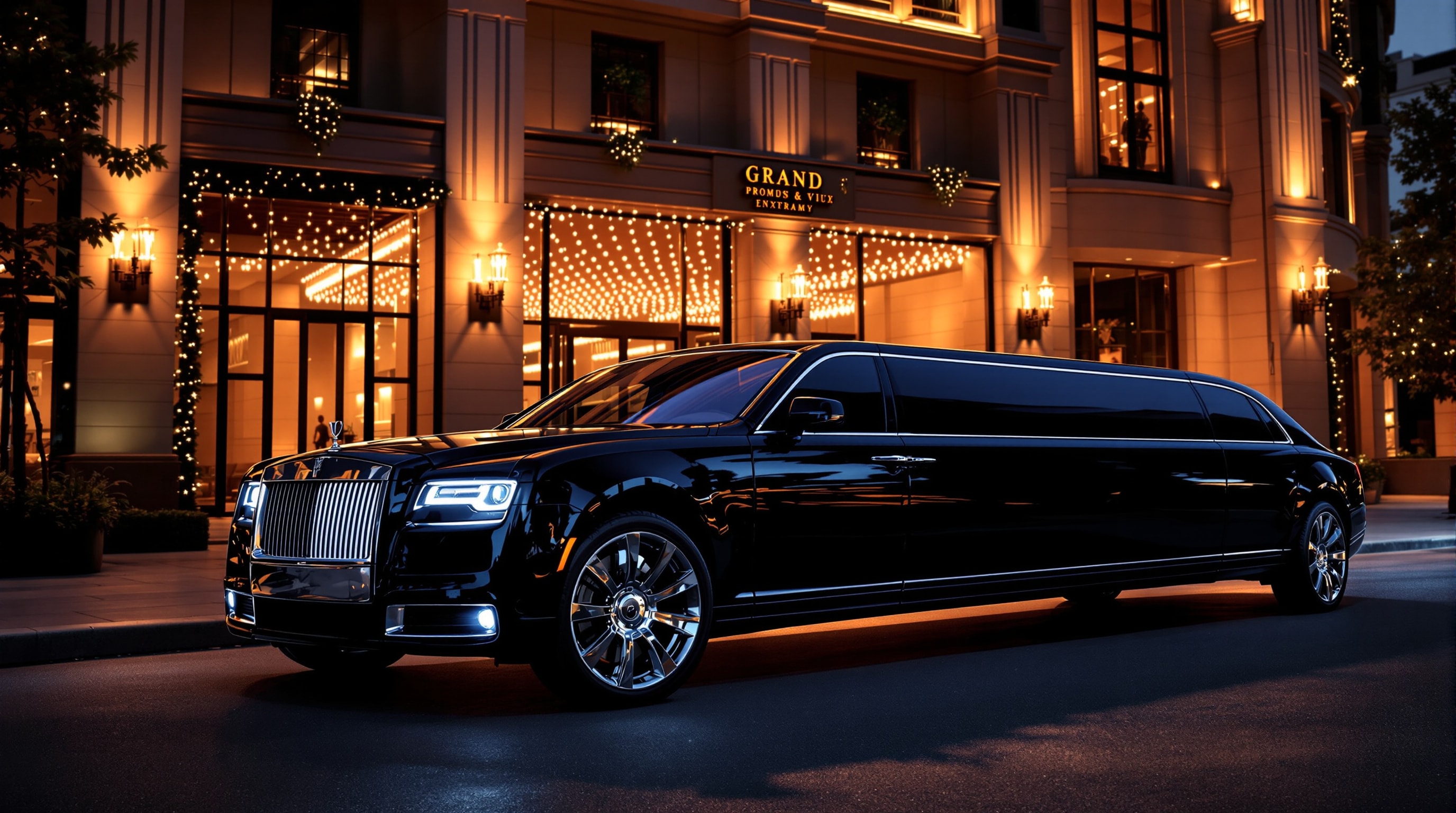 Black stretch limousine outside an event venue on prom night
