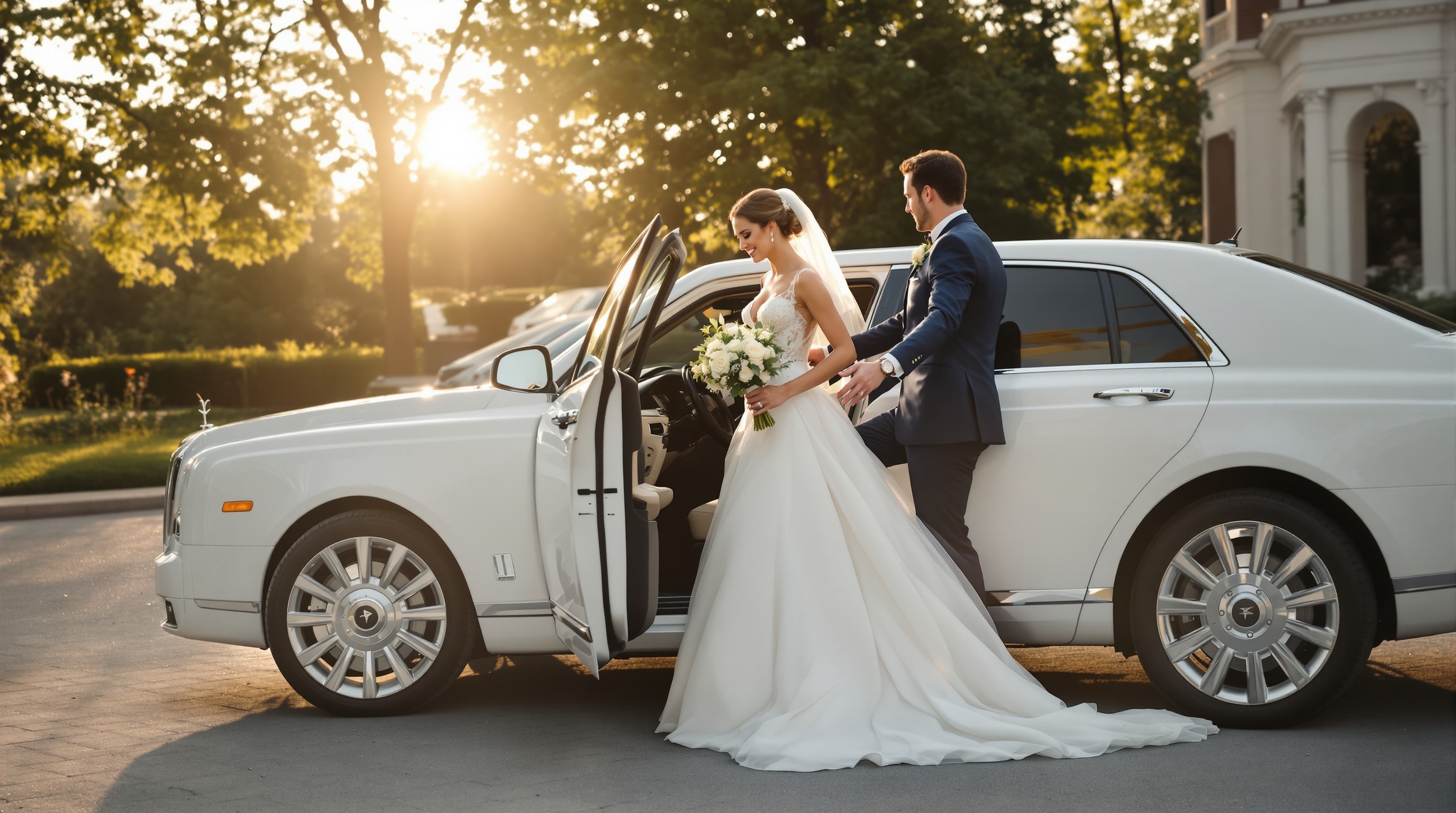 Bride stepping into a white wedding limousine at golden hour